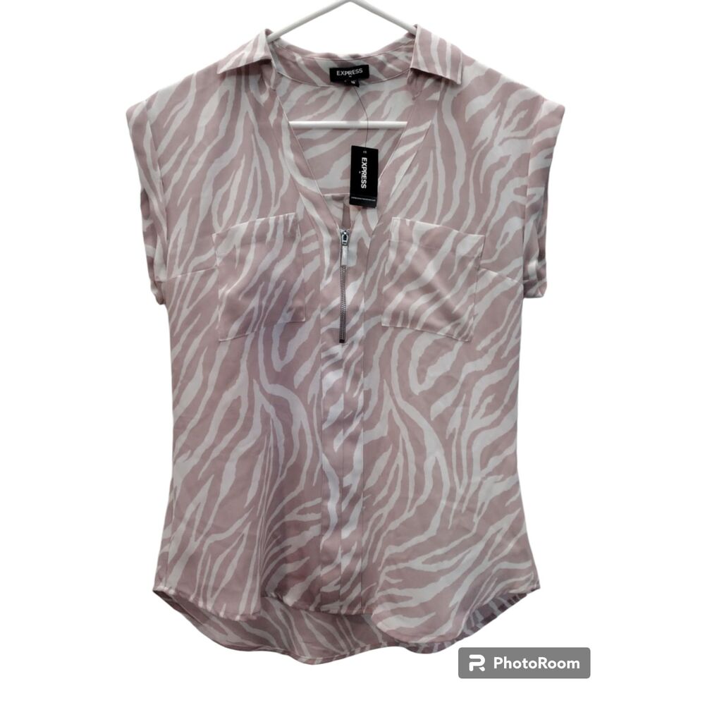 NWT Express Mauve & White Zebra Print Zip-Front Utility Blouse, Size XS